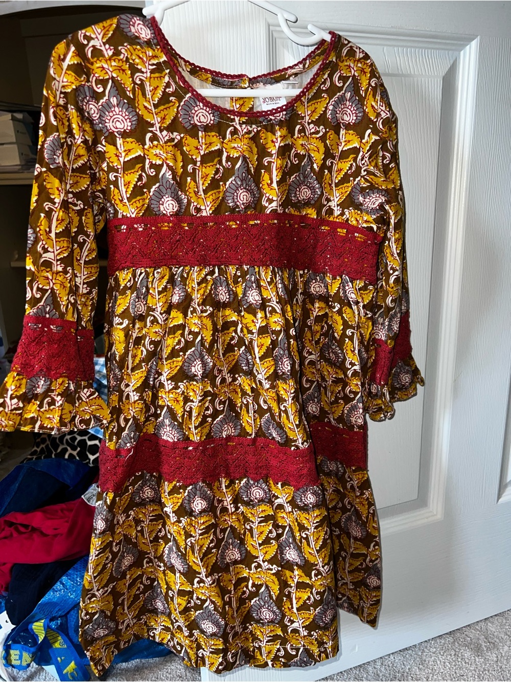 Yo Baby Girls' Floral Print Dress with Burgundy Lace Trim